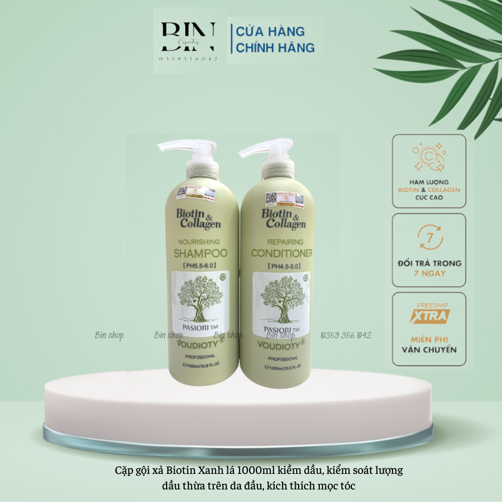 Dầu Gội Xả Biotin&amp; collagen Xanh Lá Kiềm Dầu 1000ml