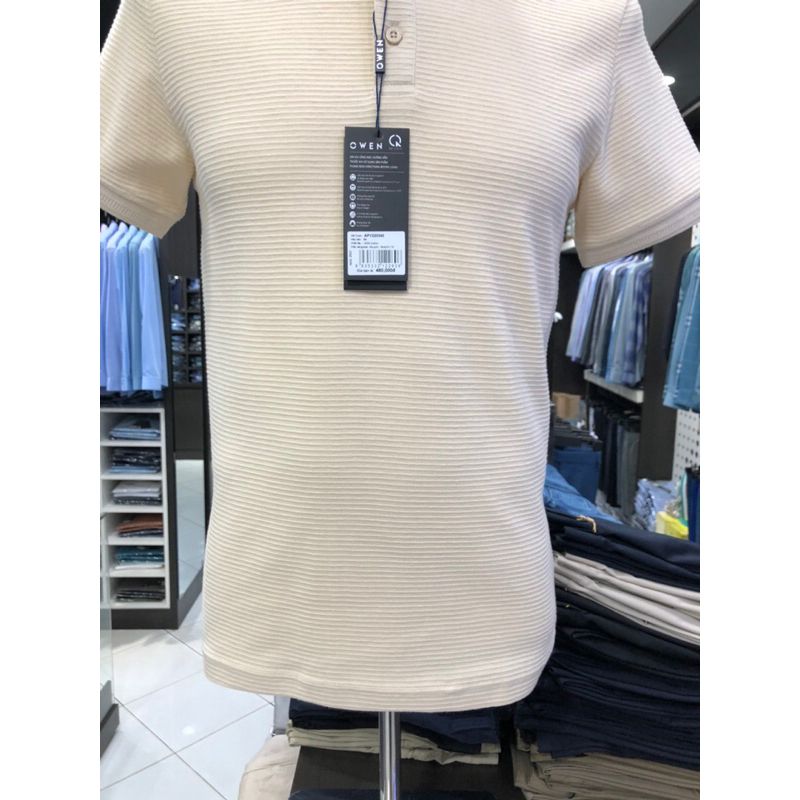 Áo polo owen màu be kẻ ngang chìm body fit vải cotton APV220340