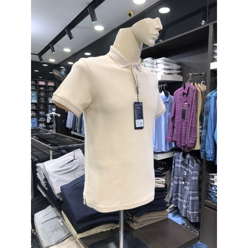 Áo polo owen màu be kẻ ngang chìm body fit vải cotton APV220340