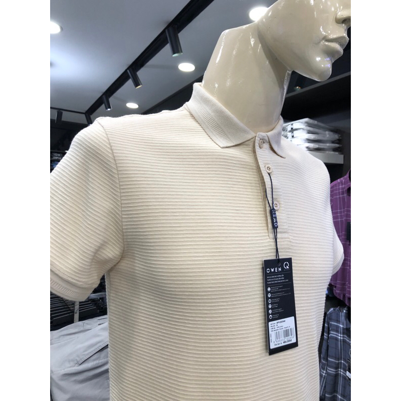 Áo polo owen màu be kẻ ngang chìm body fit vải cotton APV220340