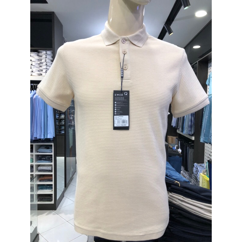 Áo polo owen màu be kẻ ngang chìm body fit vải cotton APV220340