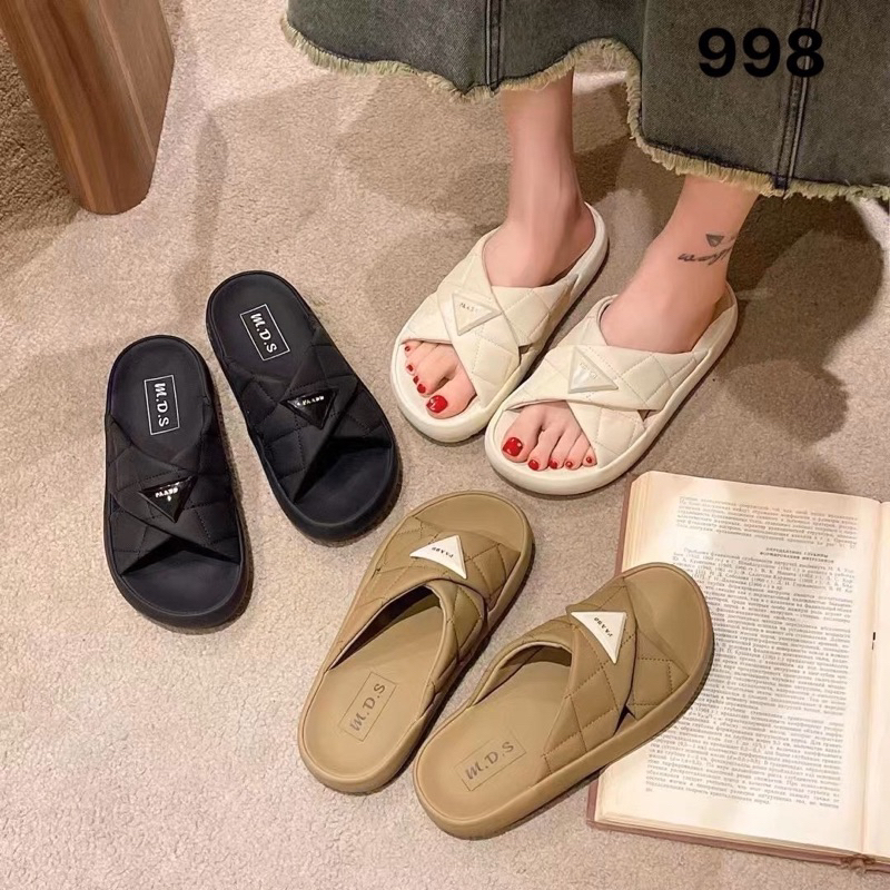 Dép da nữ quai chéo pradaaa trần chỉ siêu êm