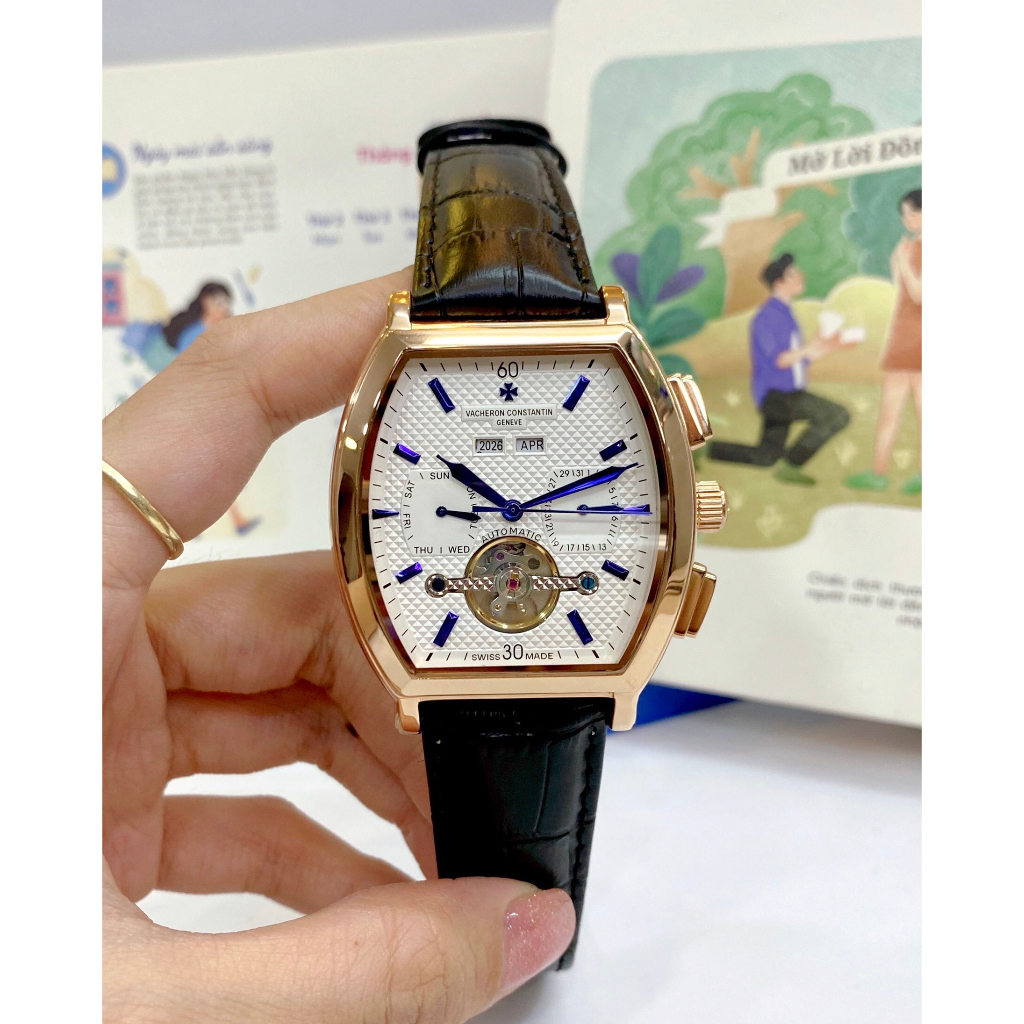 Đồng hồ Nam Vc cơ bầu tự động 6kim trăng sao size 42mm dây da nhiều màu vỏ vàng hồng