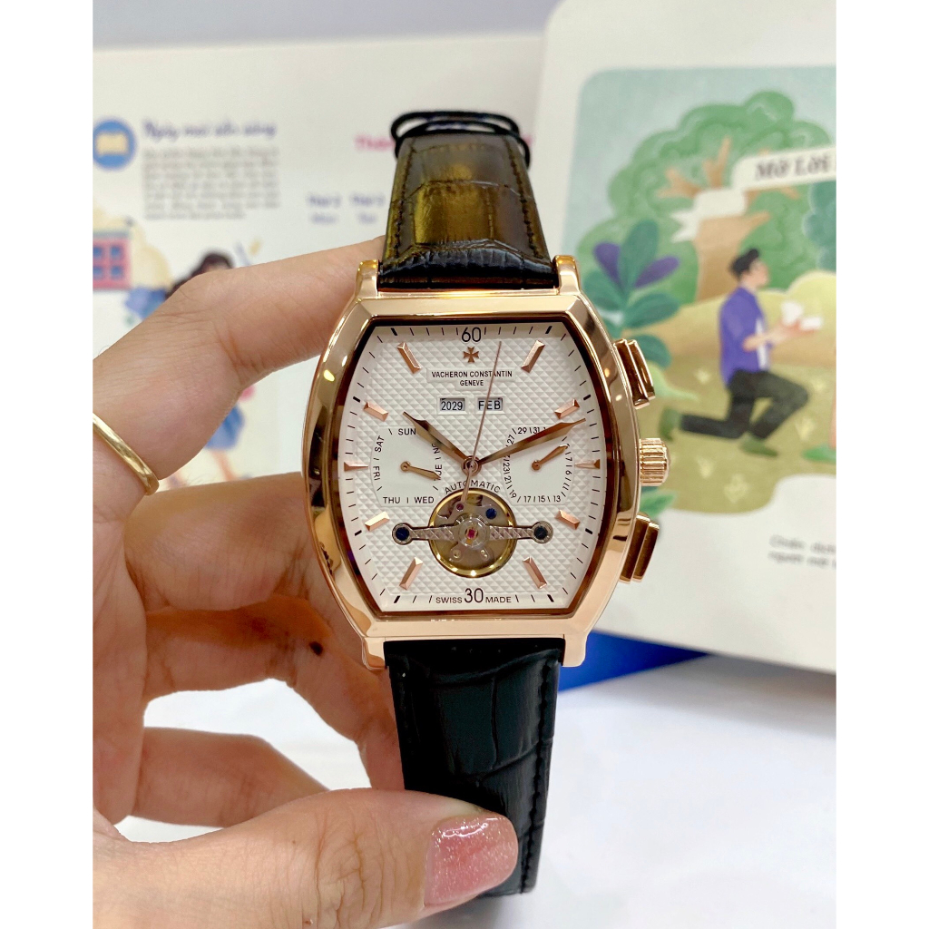 Đồng hồ Nam Vc cơ bầu tự động 6kim trăng sao size 42mm dây da nhiều màu vỏ vàng hồng