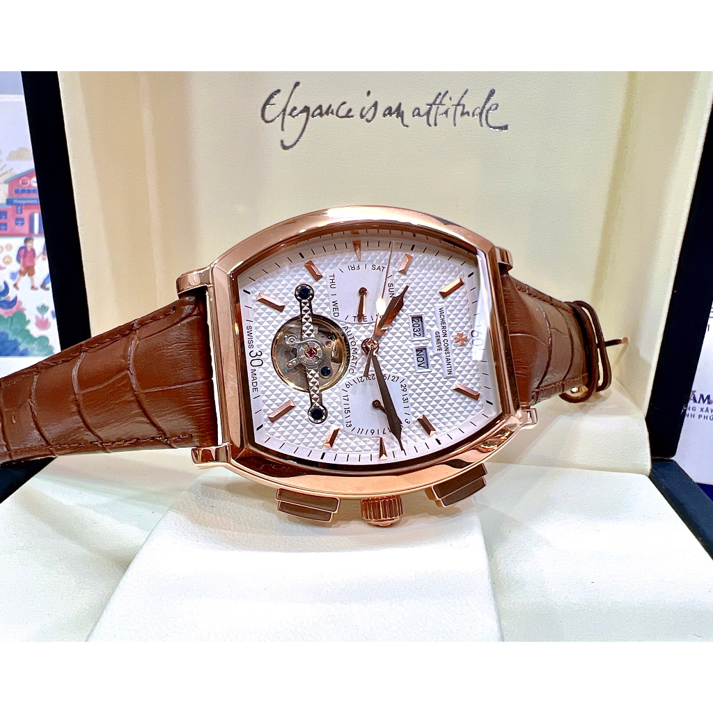 Đồng hồ Nam Vc cơ bầu tự động 6kim trăng sao size 42mm dây da nhiều màu vỏ vàng hồng