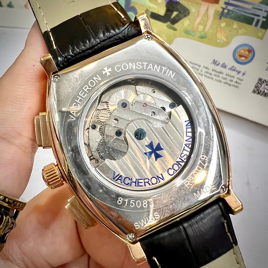 Đồng hồ Nam Vc cơ bầu tự động 6kim trăng sao size 42mm dây da nhiều màu vỏ vàng hồng