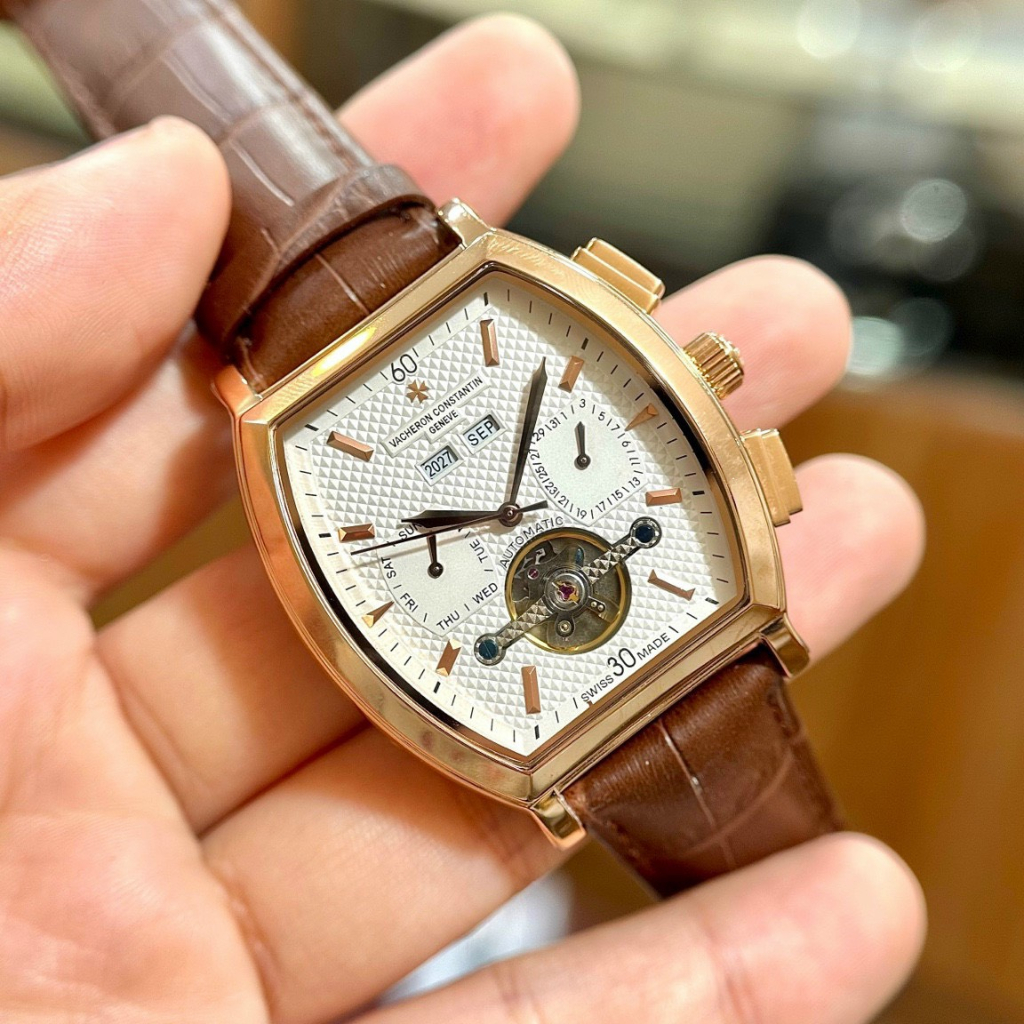 Đồng hồ Nam Vc cơ bầu tự động 6kim trăng sao size 42mm dây da nhiều màu vỏ vàng hồng