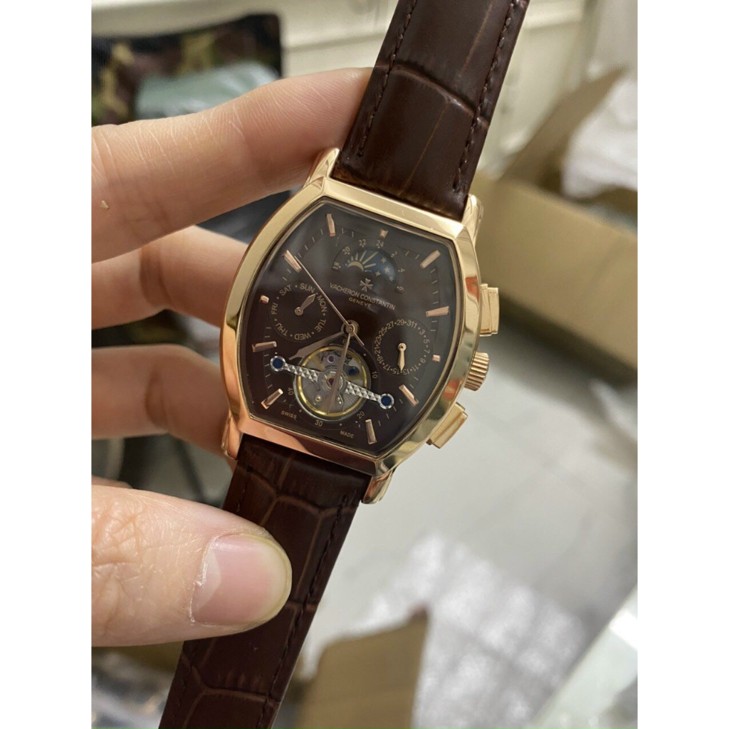 Đồng hồ Nam Vc cơ bầu tự động 6kim trăng sao size 42mm dây da nhiều màu vỏ vàng hồng