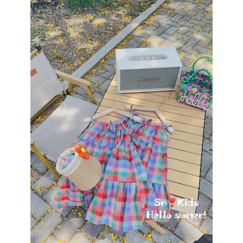 Giá sỉ váy Caro hai dây maxi mềm đi biển đi chơi