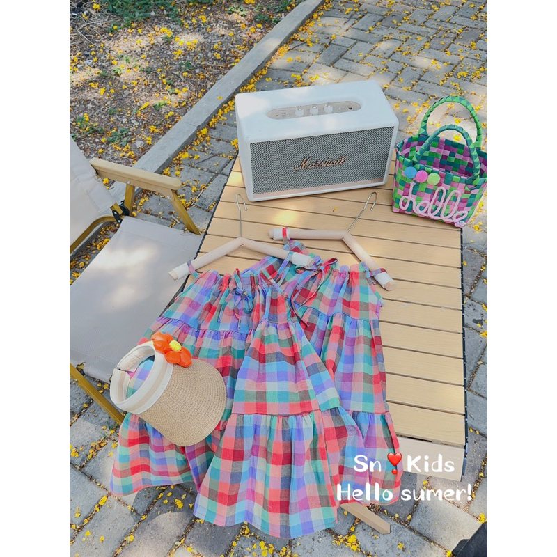 Giá sỉ váy Caro hai dây maxi mềm đi biển đi chơi