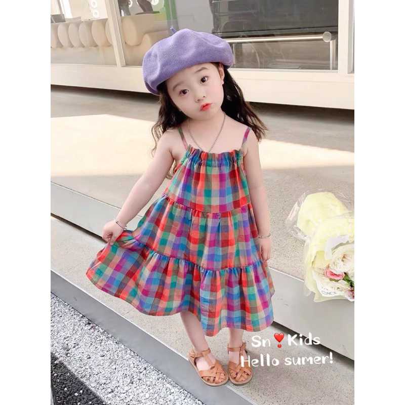 Giá sỉ váy Caro hai dây maxi mềm đi biển đi chơi