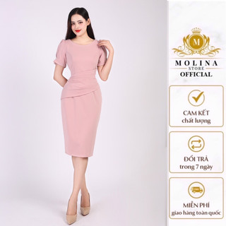 Đầm Thiết Kế Dáng Bút Chì Nữ Molina Tay Bồng Xếp Ly Eo Đính Ngọc, Chất Liệu Thun Da Hàn Cao Cấp
