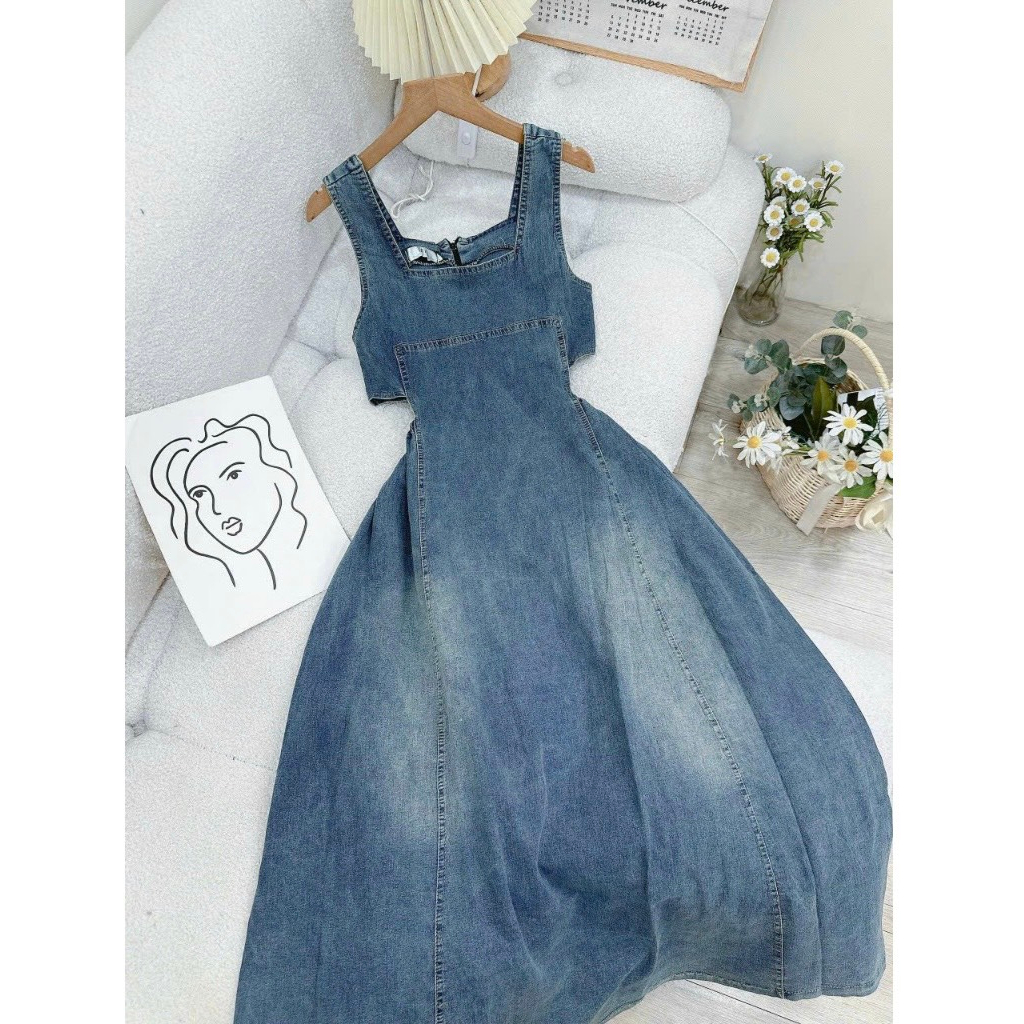 Váy Bò Mài Cổ Vuông Khoét Eo Dáng Xoè Dài , Váy Bò Cổ U Khoét Eo Loang Basic