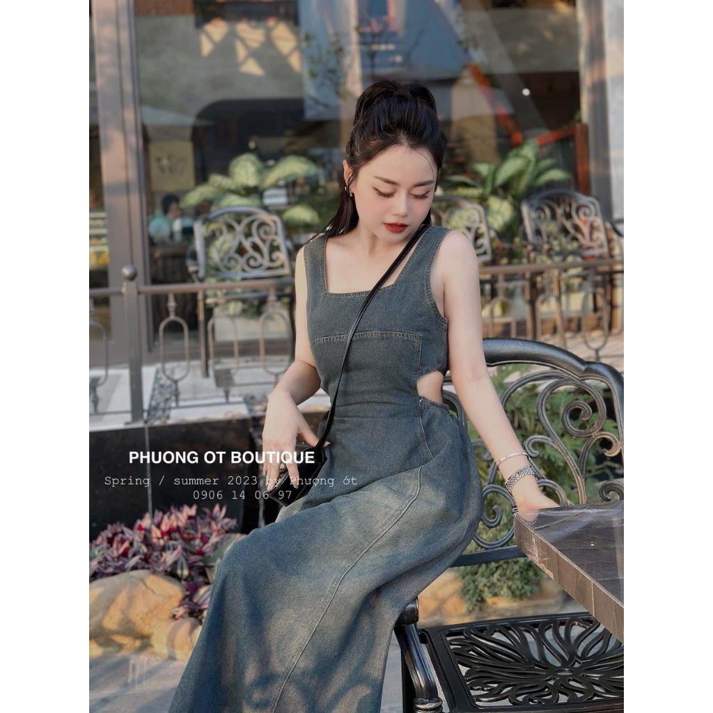 Váy Bò Mài Cổ Vuông Khoét Eo Dáng Xoè Dài , Váy Bò Cổ U Khoét Eo Loang Basic