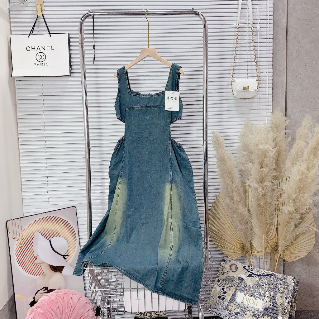 Váy Bò Mài Cổ Vuông Khoét Eo Dáng Xoè Dài , Váy Bò Cổ U Khoét Eo Loang Basic