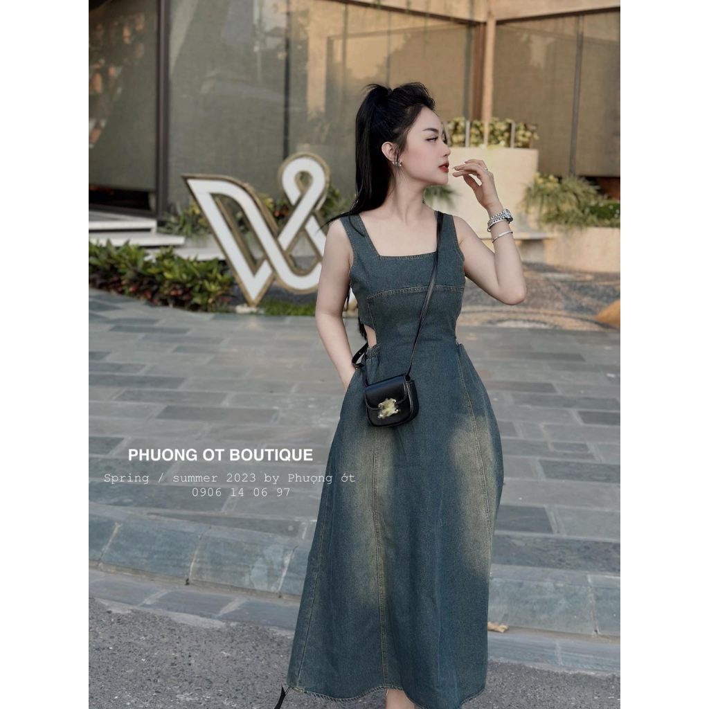 Váy Bò Mài Cổ Vuông Khoét Eo Dáng Xoè Dài , Váy Bò Cổ U Khoét Eo Loang Basic