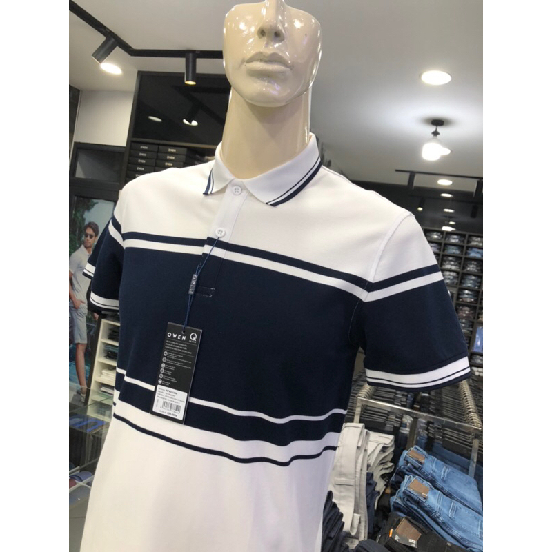 Áo polo owen màu trắng kẻ navy ngực body fit vải cotton bạc hà APV231336