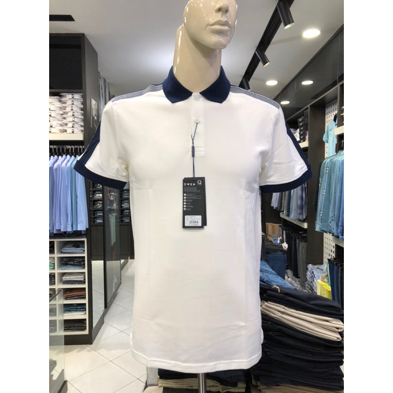 Áo polo owen màu trắng vai kẻ navy body fit vải cotton APT231410