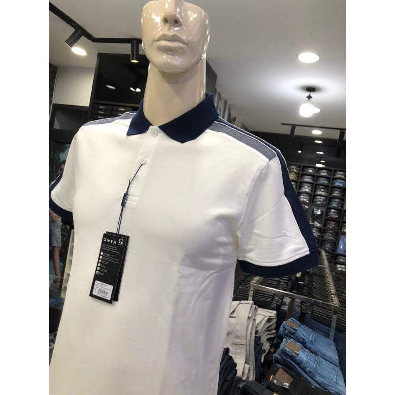 Áo polo owen màu trắng vai kẻ navy body fit vải cotton APT231410