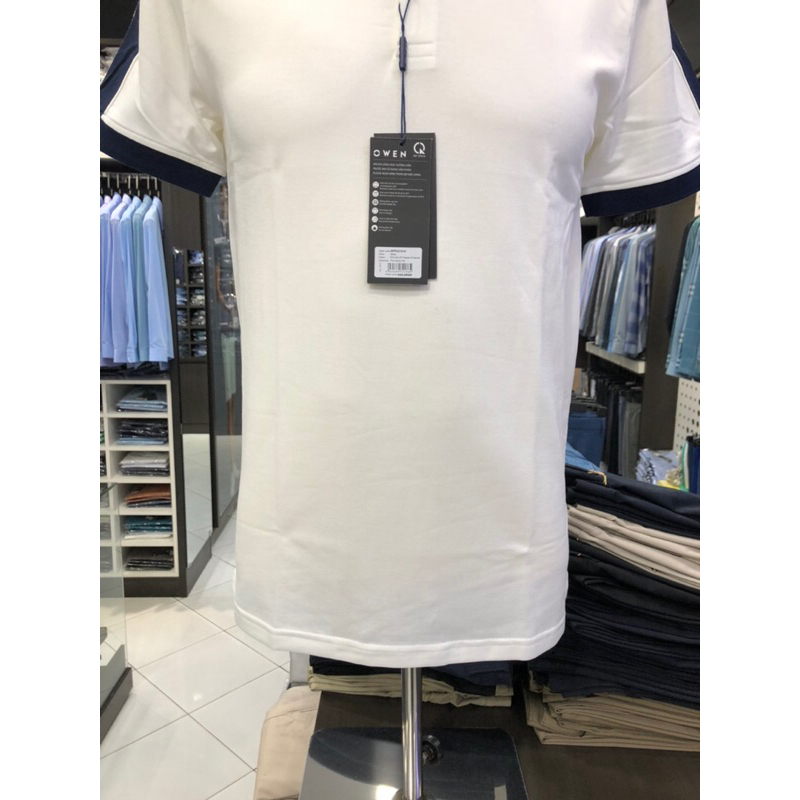 Áo polo owen màu trắng vai kẻ navy body fit vải cotton APT231410