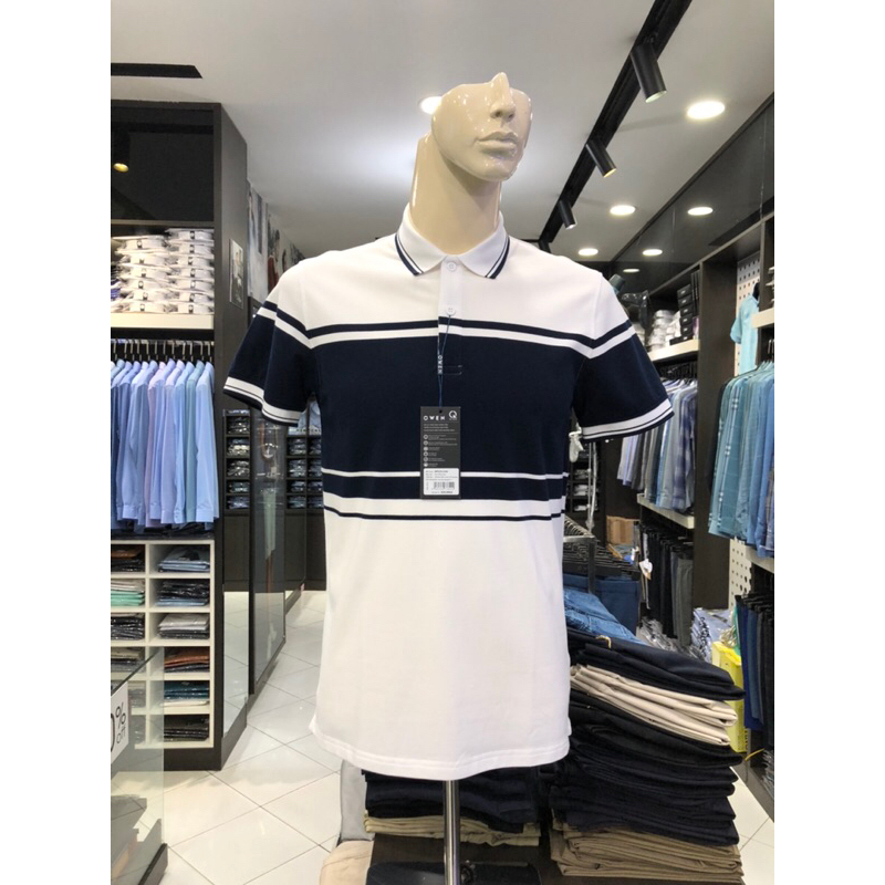 Áo polo owen màu trắng kẻ navy ngực body fit vải cotton bạc hà APV231336
