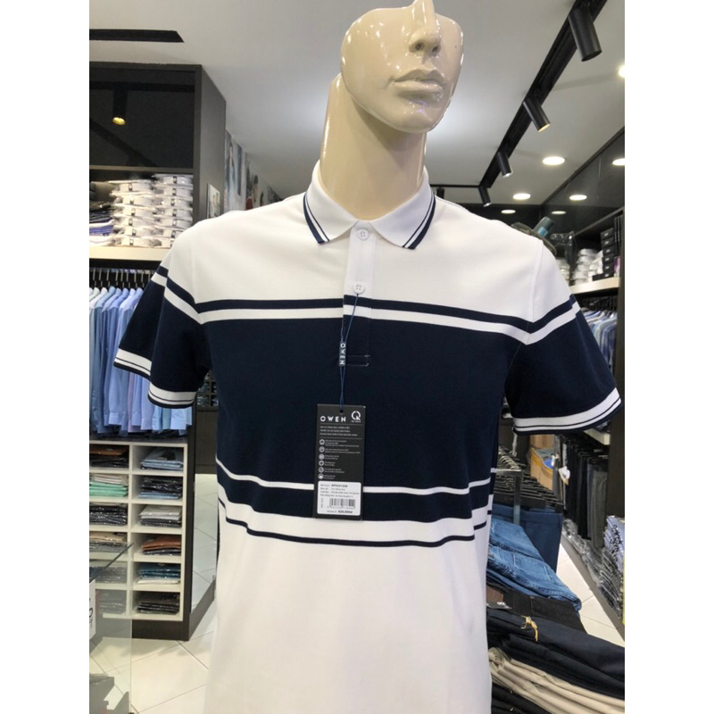 Áo polo owen màu trắng kẻ navy ngực body fit vải cotton bạc hà APV231336