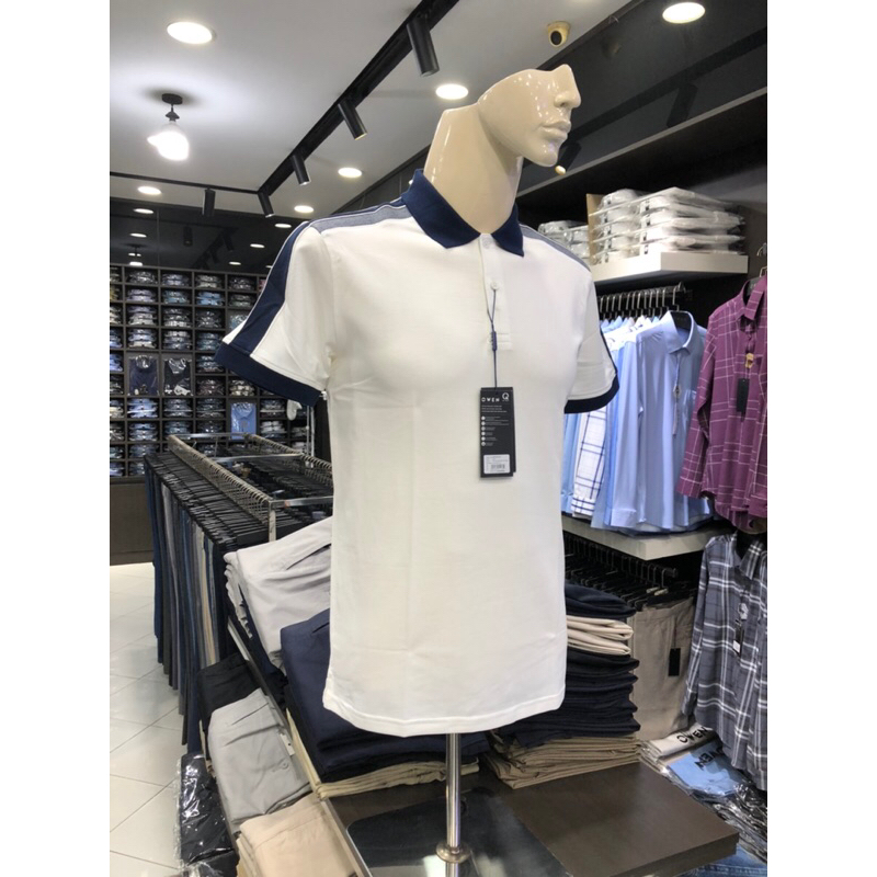 Áo polo owen màu trắng vai kẻ navy body fit vải cotton APT231410