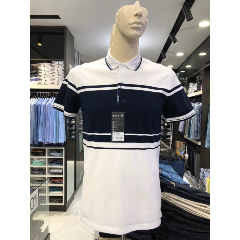 Áo polo owen màu trắng kẻ navy ngực body fit vải cotton bạc hà APV231336