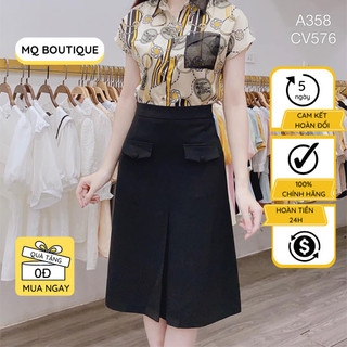 Chân váy đầm dáng A công sở cao cấp thiết kế MQ Boutique dài qua gối 2 túi cúc bọc có đai