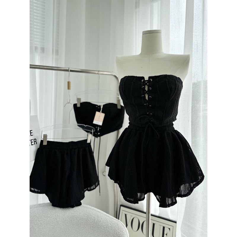 Set croptop ống đan dây ngực + short váy