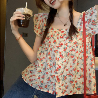 Áo sơ mi nữ cổ vuông tay cánh tiên in hoa form rộng, sơ mi nữ kiểu thiết kế cánh tiên dáng rộng hàn quốc 8325