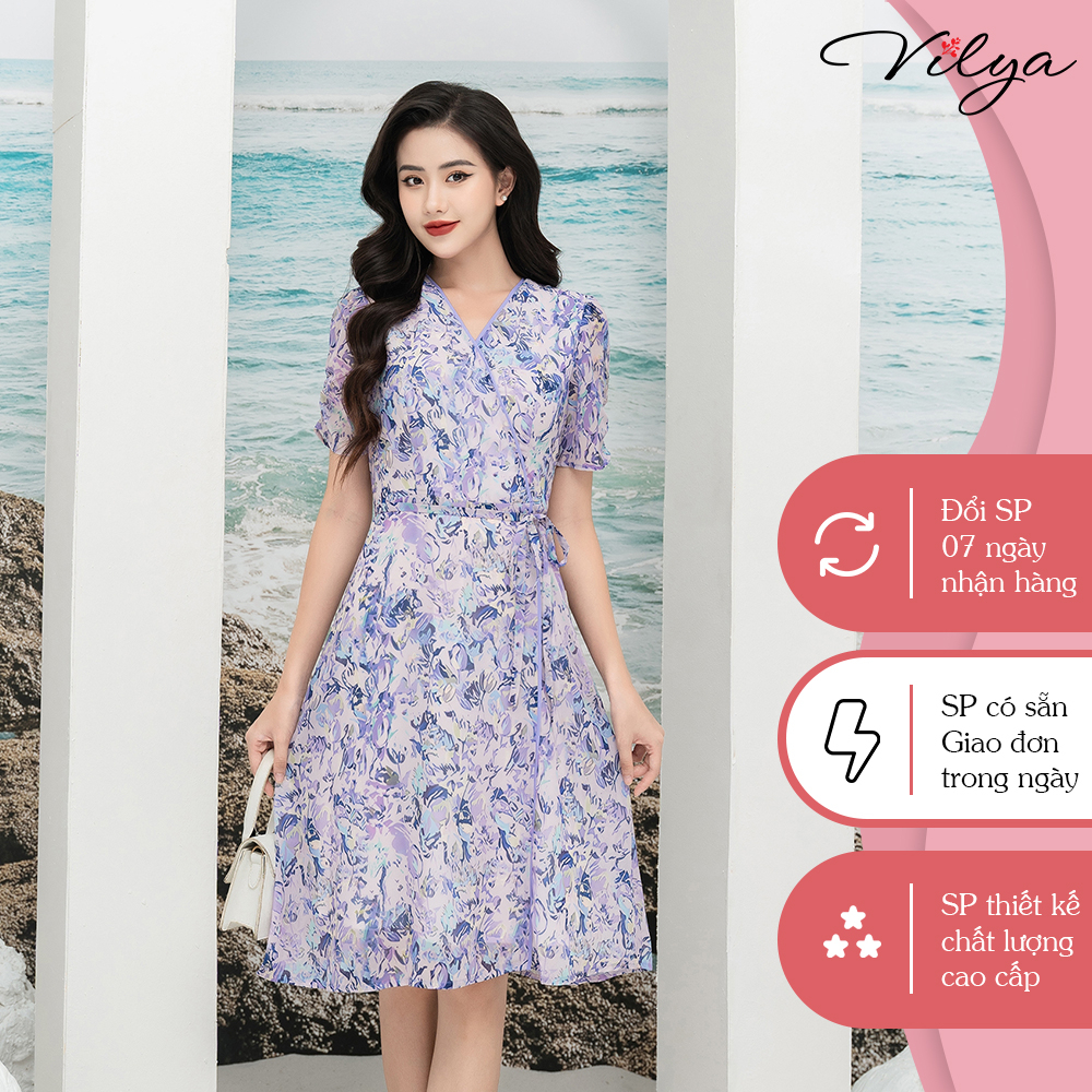Đầm hoa tím dáng xòe VILYA cổ V tay ngắn phối đai VD23-077