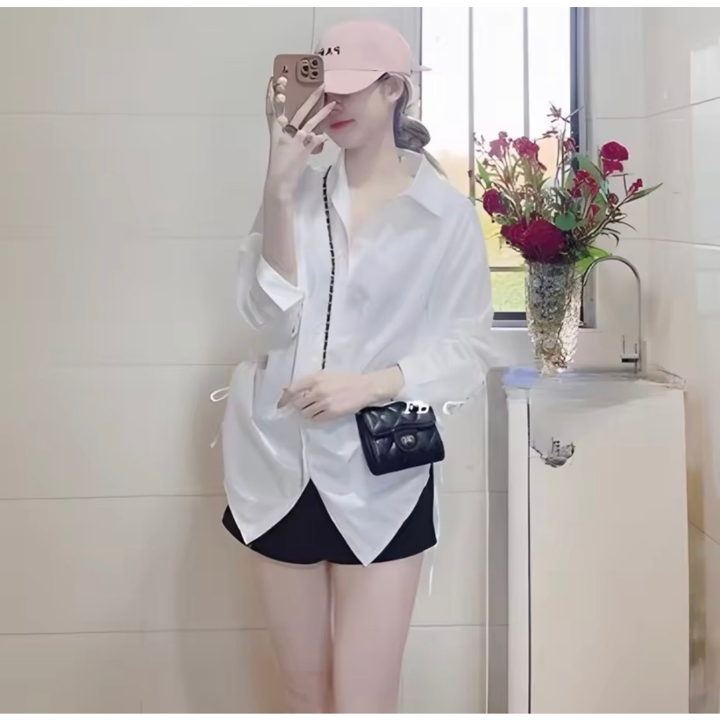 Áo sơ mi rút dây eo tay dài form rộng kiểu dấu quần, Áo sơmi nữ phông rộng đủ màu siêu xinh có hình