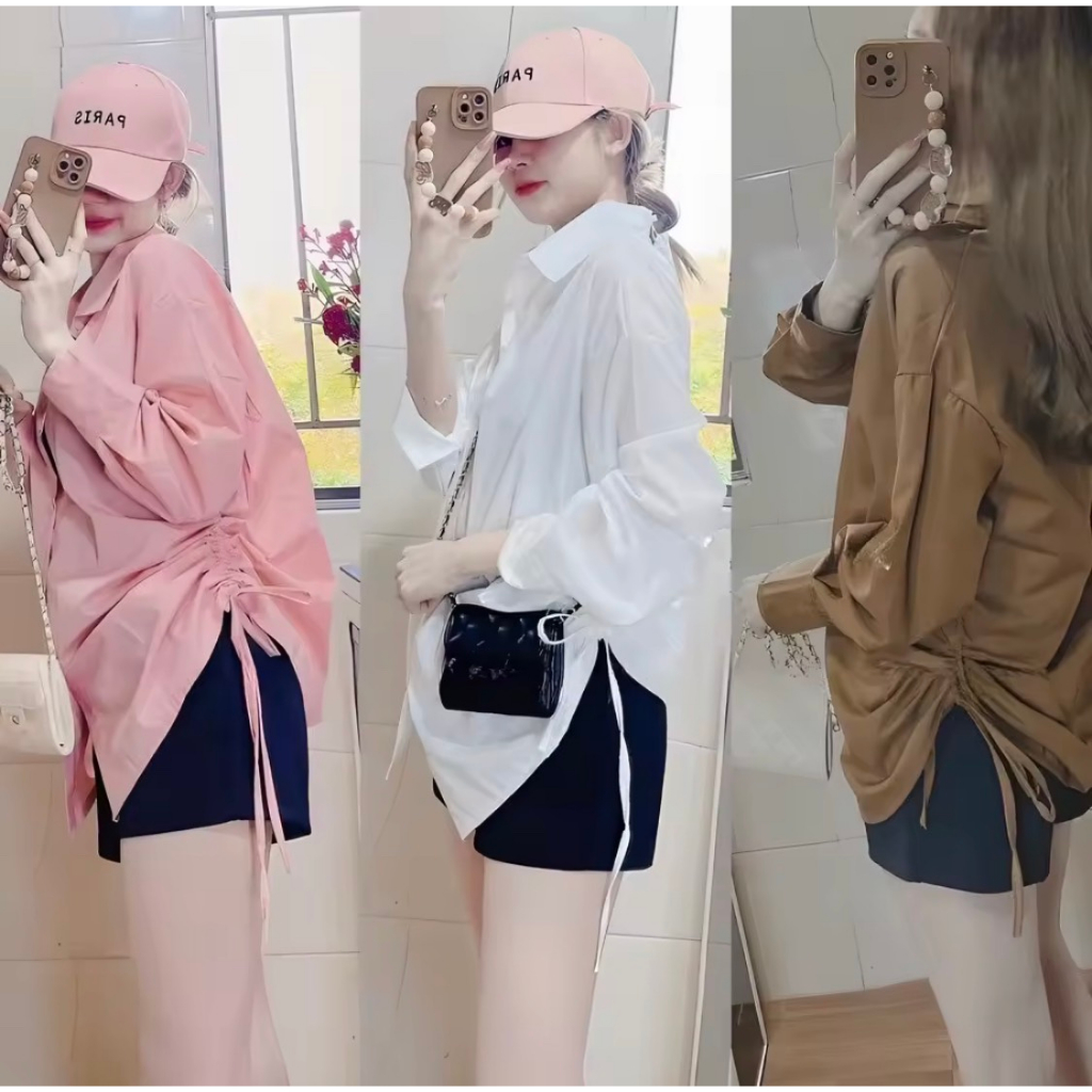 Áo sơ mi rút dây eo tay dài form rộng kiểu dấu quần, Áo sơmi nữ phông rộng đủ màu siêu xinh có hình