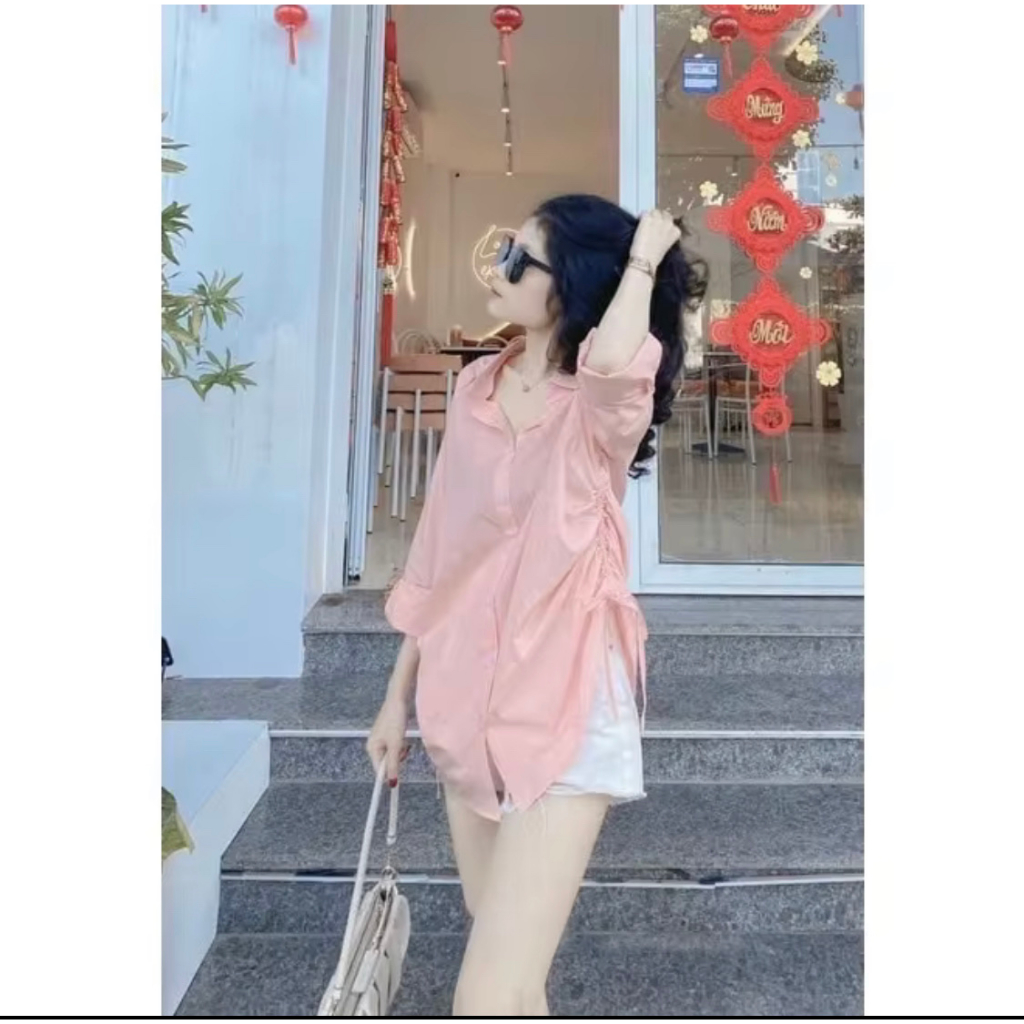 Áo sơ mi rút dây eo tay dài form rộng kiểu dấu quần, Áo sơmi nữ phông rộng đủ màu siêu xinh có hình
