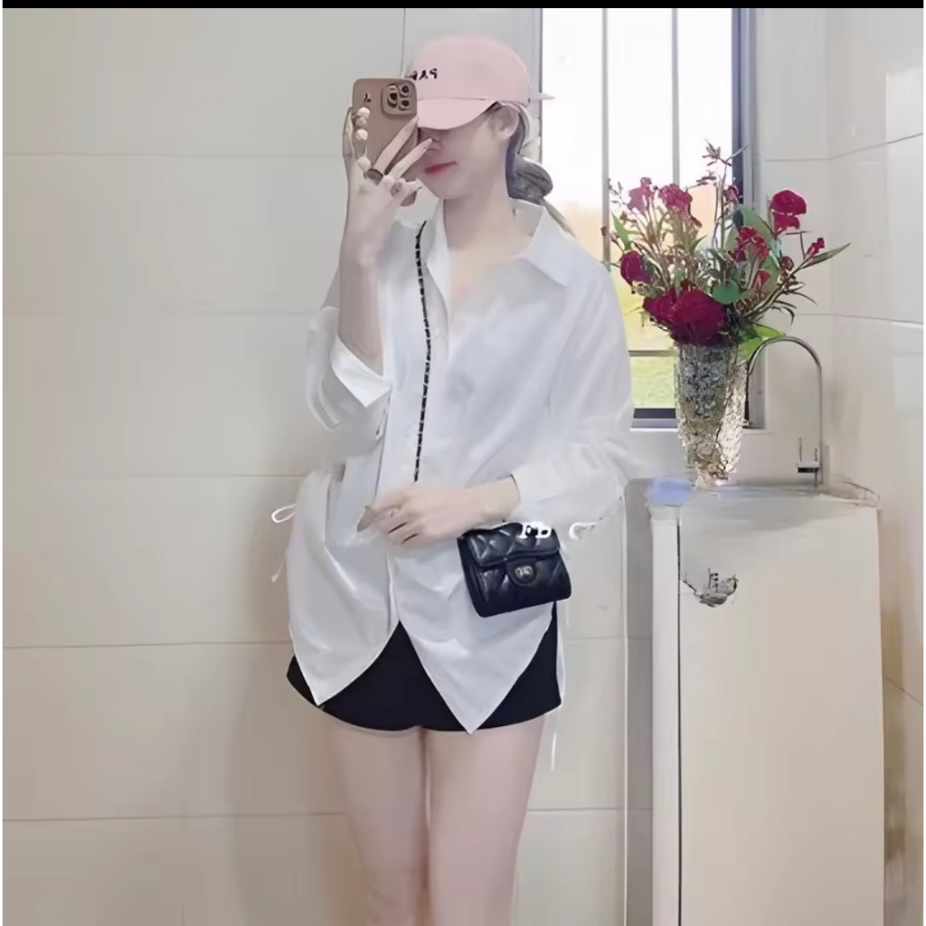 Áo sơ mi rút dây eo tay dài form rộng kiểu dấu quần, Áo sơmi nữ phông rộng đủ màu siêu xinh có hình