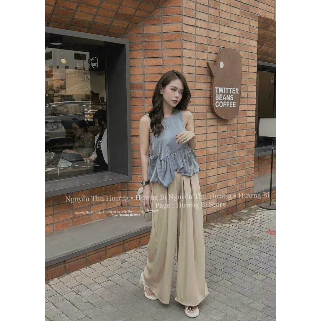 Set áo peplum viền bèo mix quần suông lưng chun đẹp