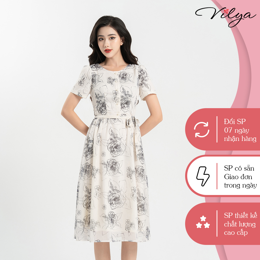 Đầm hoa dáng xòe VILYA họa tiết hoa xám cổ tròn tay ngắn VD045