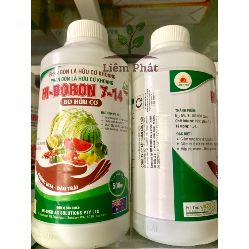 Phân bón lá hữu cơ khoáng hiệu Hi-Boron 7-14 chai 500ml của tập đoàn lộc trời