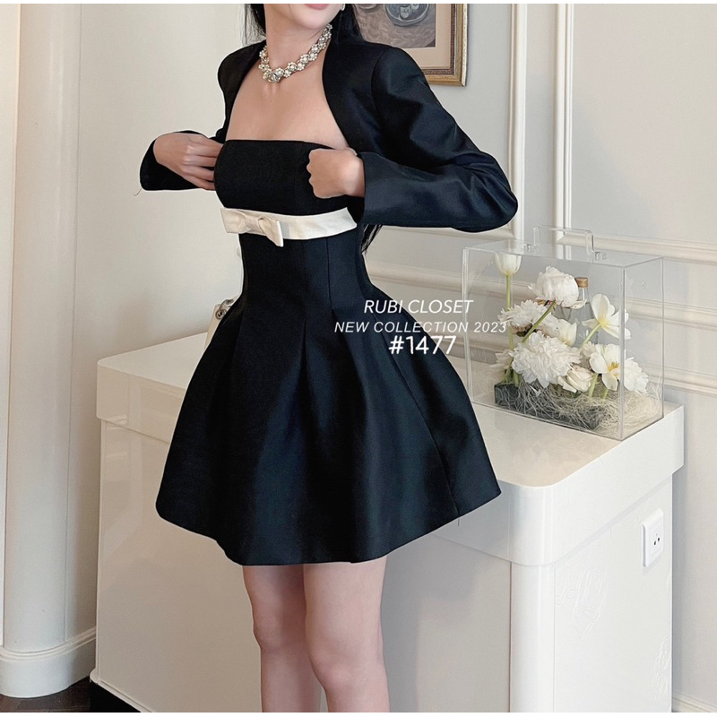Đầm cúp ngực tafta nơ kèm áo khoác lửng