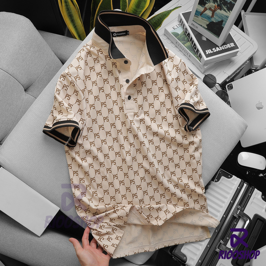 Áo thun nam polo, áo thun có cổ họa tiết sang trọng vàng gold vnxk có size lớn, big size RIOOSHOP RSP089