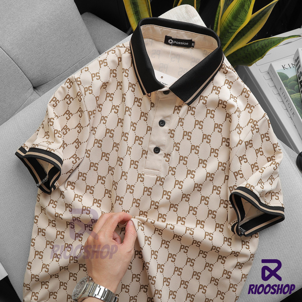 Áo thun nam polo, áo thun có cổ họa tiết sang trọng vàng gold vnxk có size lớn, big size RIOOSHOP RSP089