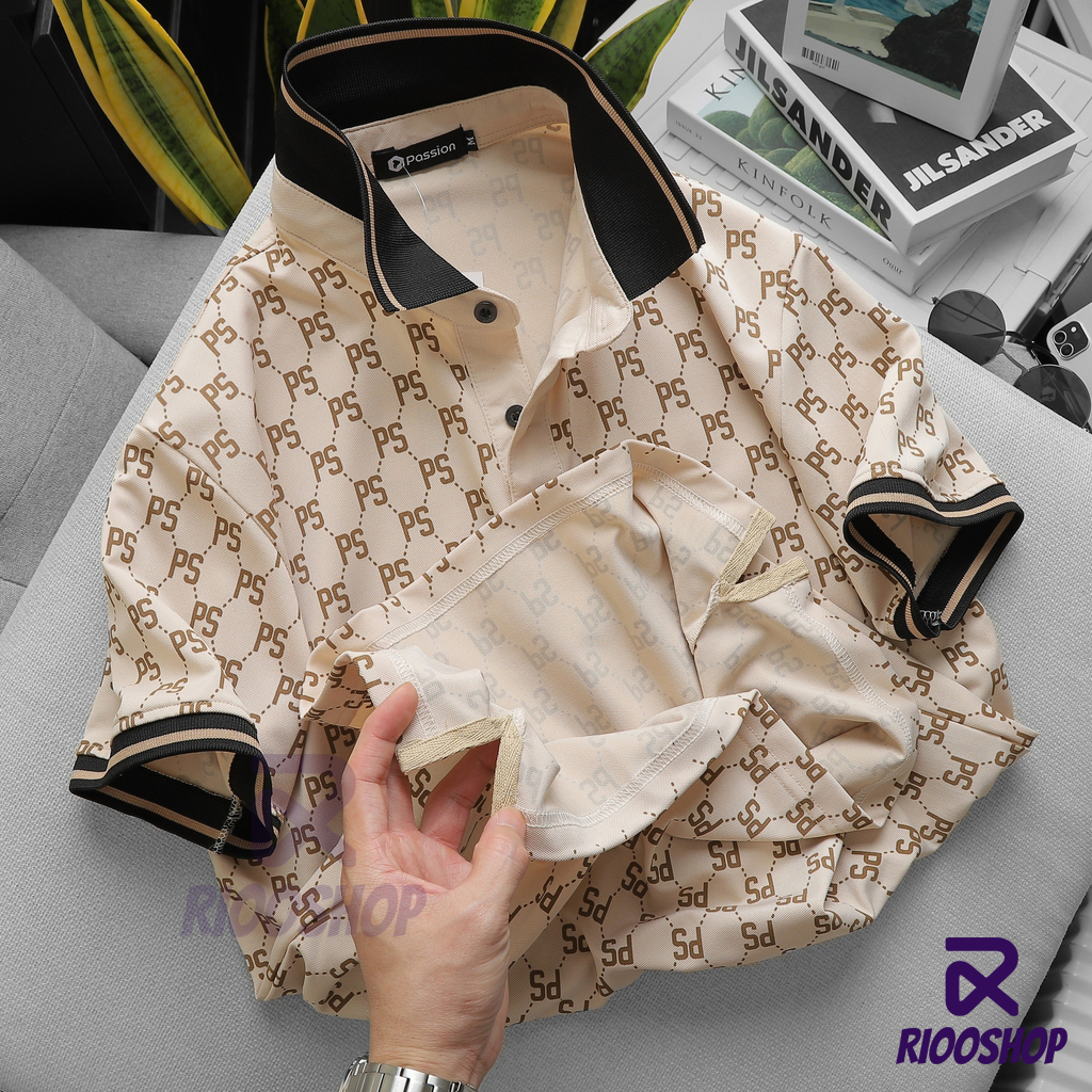 Áo thun nam polo, áo thun có cổ họa tiết sang trọng vàng gold vnxk có size lớn, big size RIOOSHOP RSP089
