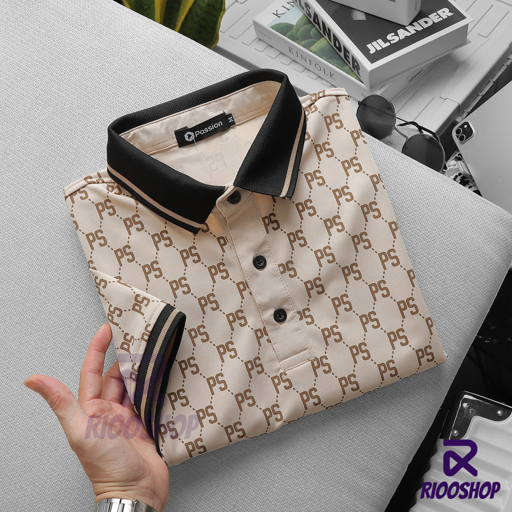 Áo thun nam polo, áo thun có cổ họa tiết sang trọng vàng gold vnxk có size lớn, big size RIOOSHOP RSP089