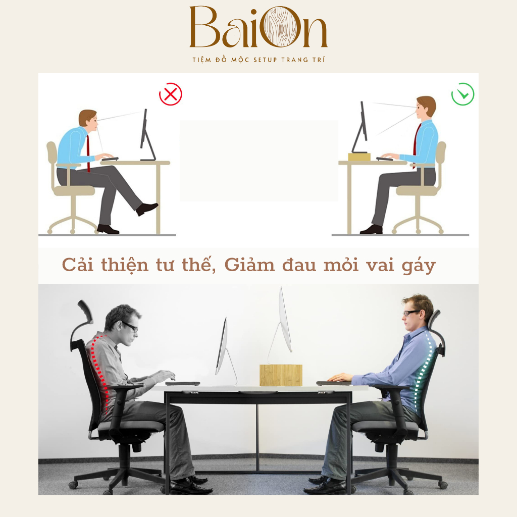 Kệ Màn Hình Máy Tính / Kệ Để Máy Tính/ Kệ Laptop bằng gỗ - Chân Gỗ Tự Nhiên - BaiOn -Dễ dàng lắp đặt - Dài 80/100/120 cm