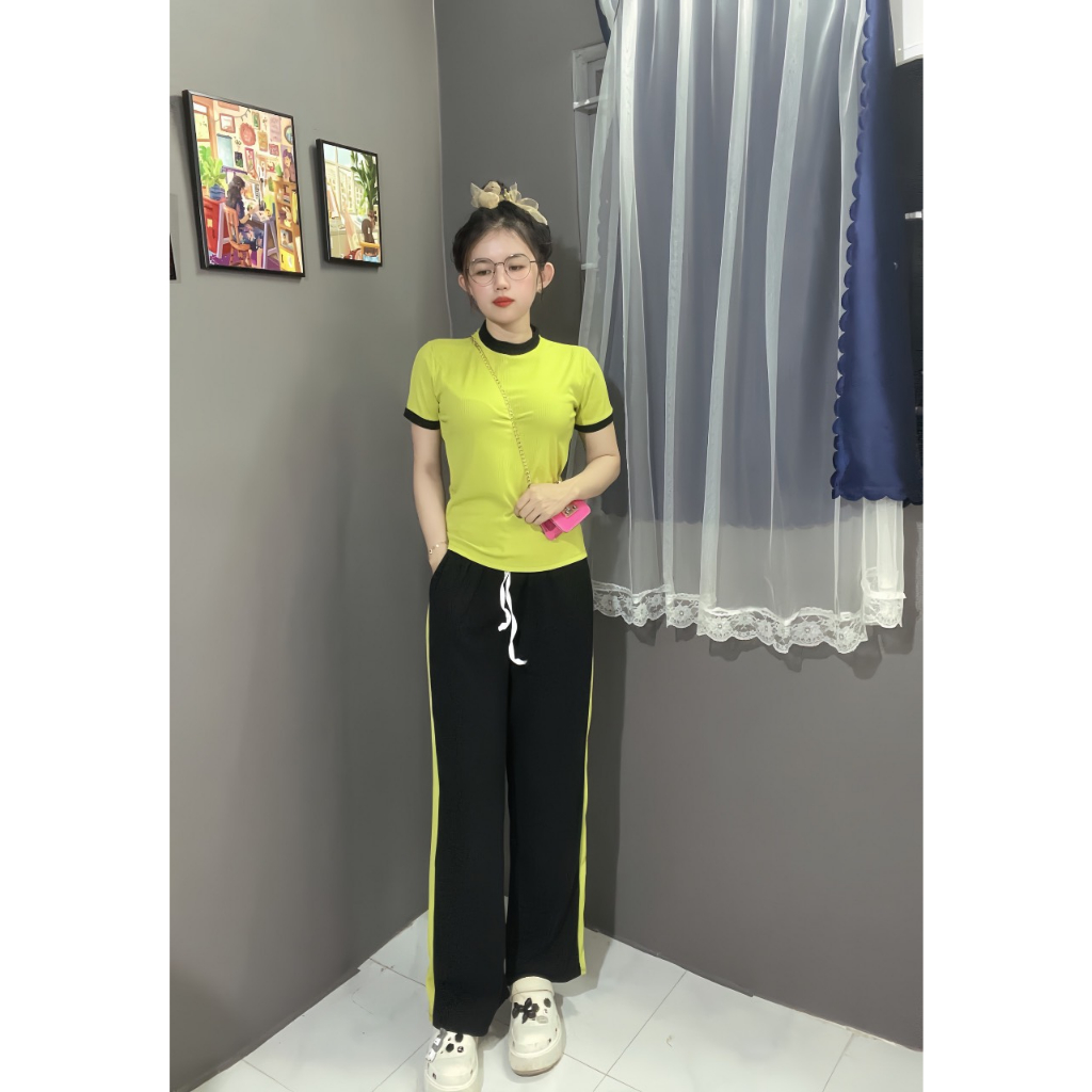 Sét bộ gân tăm áo phối quần suông đính dây 5 màu full size 70kg