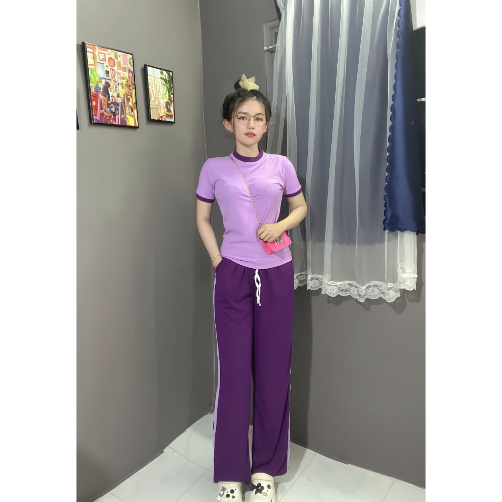 Sét bộ gân tăm áo phối quần suông đính dây 5 màu full size 70kg