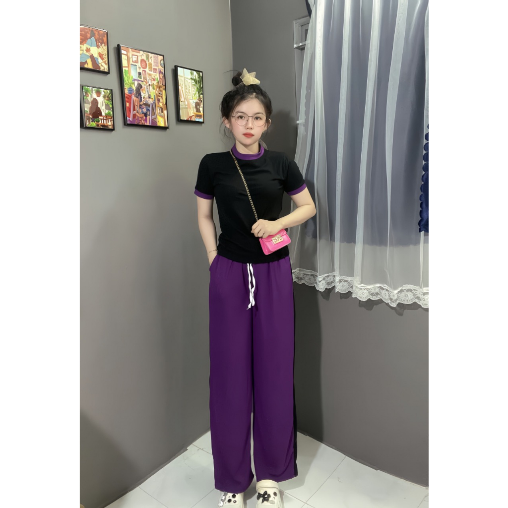 Sét bộ gân tăm áo phối quần suông đính dây 5 màu full size 70kg