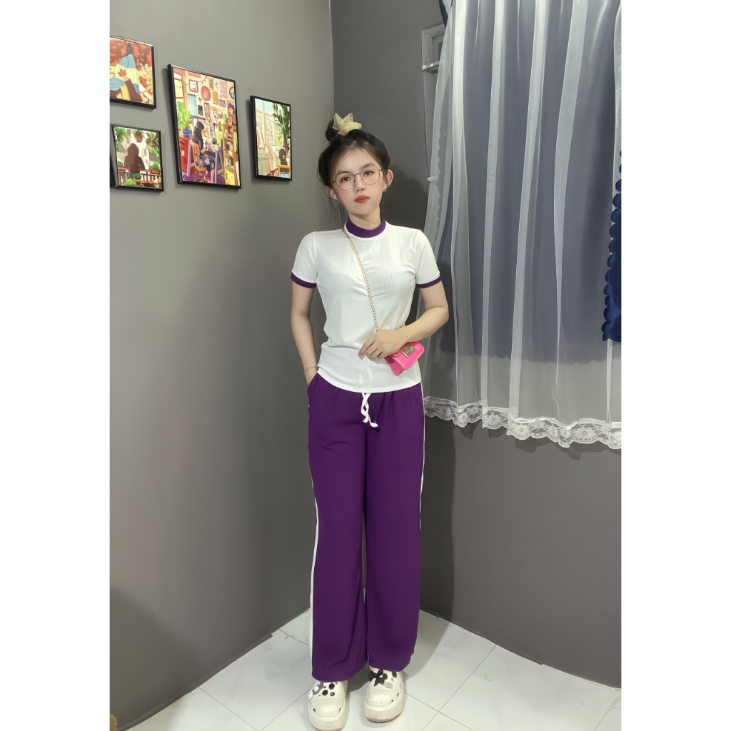 Sét bộ gân tăm áo phối quần suông đính dây 5 màu full size 70kg