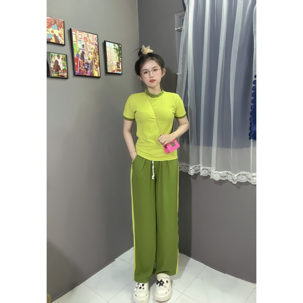 Sét bộ gân tăm áo phối quần suông đính dây 5 màu full size 70kg